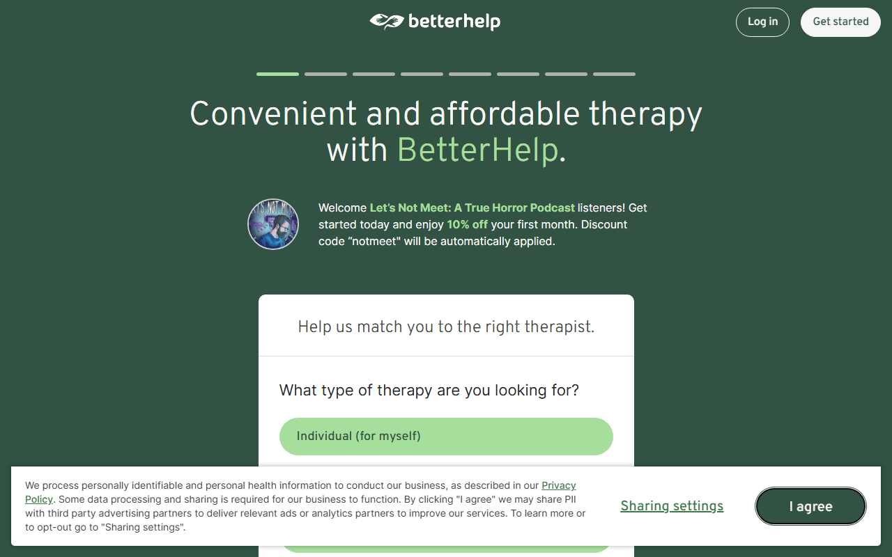 BetterHelp sponsor landing page advertised on Let's Not Meet: A True Horror Podcast