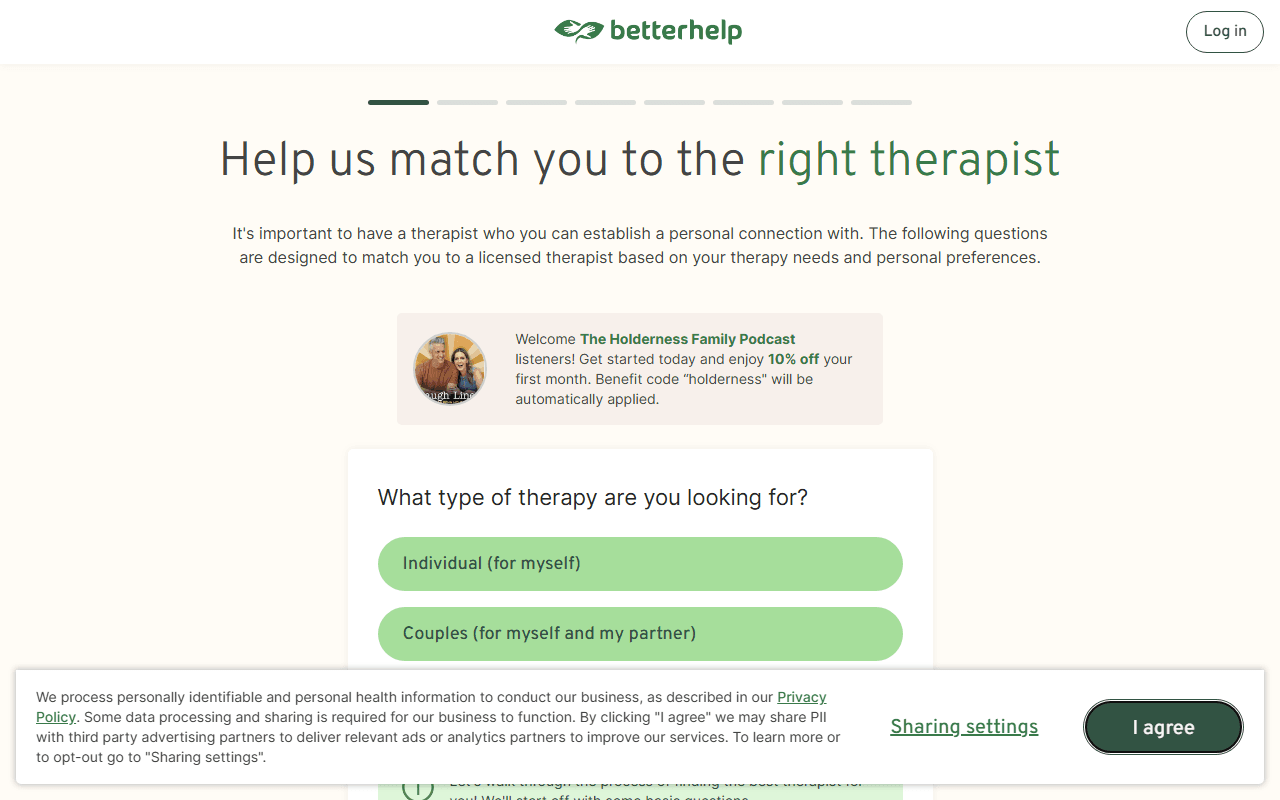 BetterHelp sponsor landing page advertised on The Holderness Family Podcast