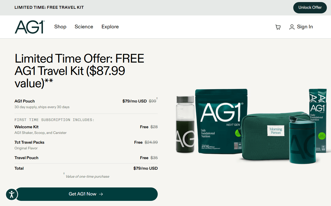AG1 sponsor landing page advertised on The Genius Life