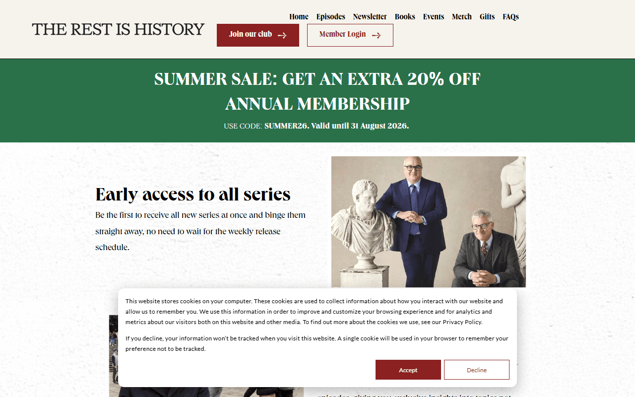 The Rest Is History sponsor landing page advertised on The Rest Is History