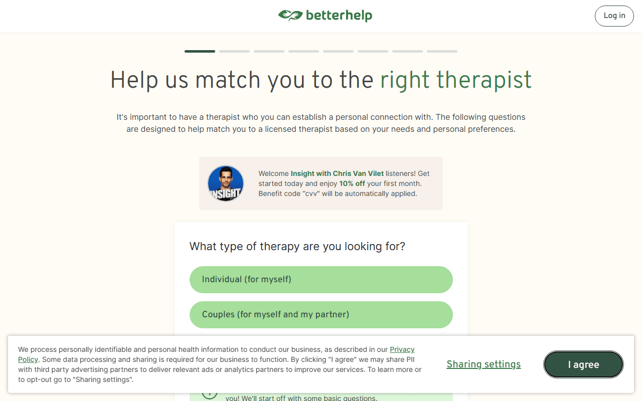 BetterHelp sponsor landing page advertised on Insight with Chris Van Vliet