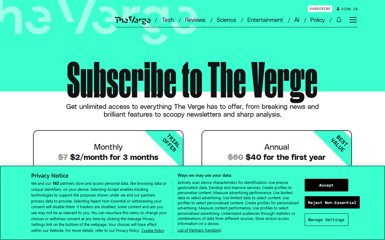 The Verge sponsor landing page advertised on The Vergecast