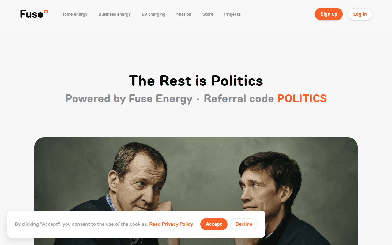Fuse Energy sponsor landing page advertised on The Rest Is Politics