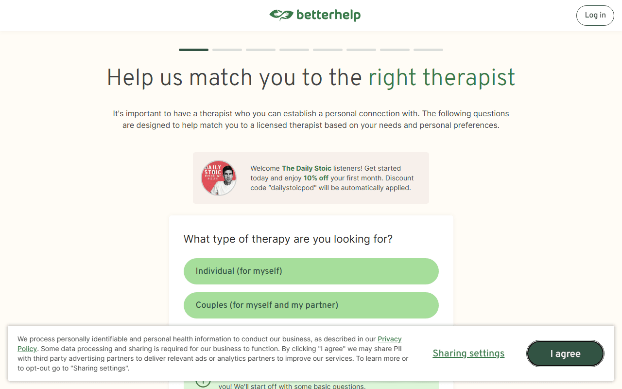 BetterHelp sponsor landing page advertised on The Daily Stoic