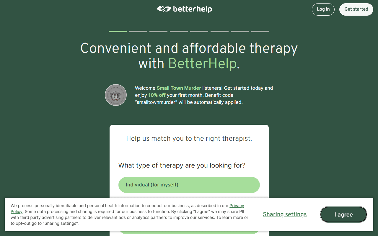BetterHelp sponsor landing page advertised on Small Town Murder