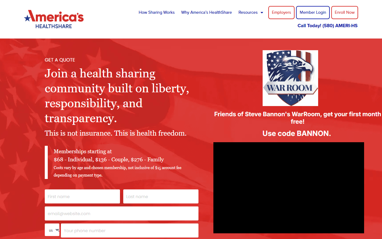 America's HealthShare sponsor landing page advertised on Bannon`s War Room
