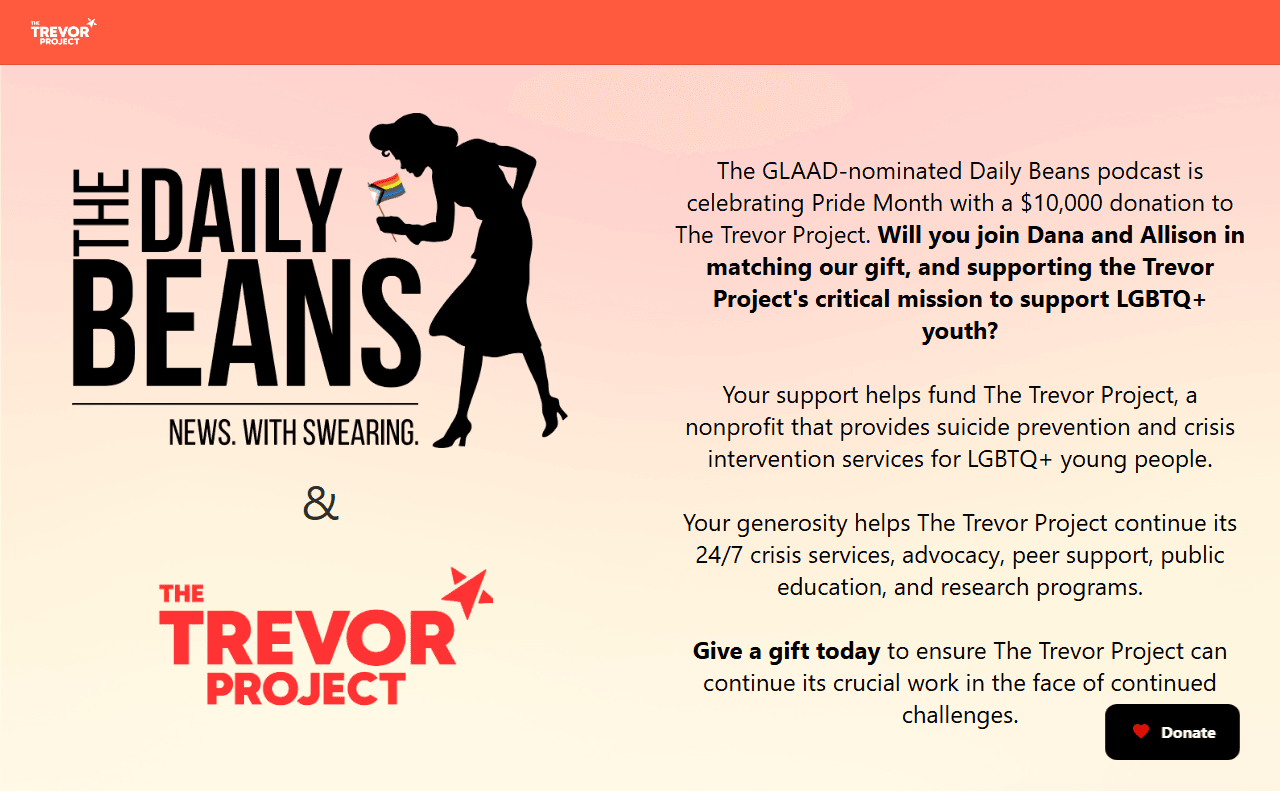 The Trevor Project sponsor landing page advertised on The Daily Beans