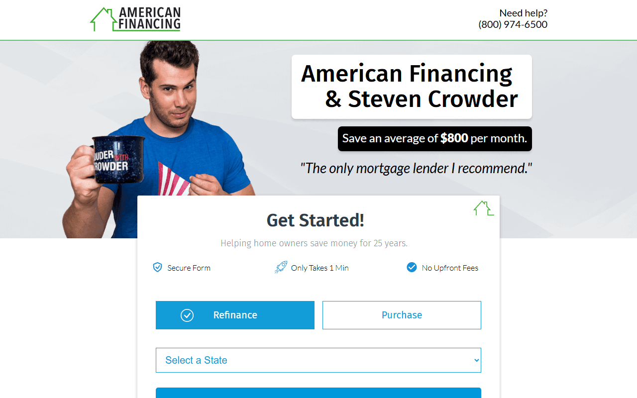 American Financing sponsor landing page advertised on Louder with Crowder