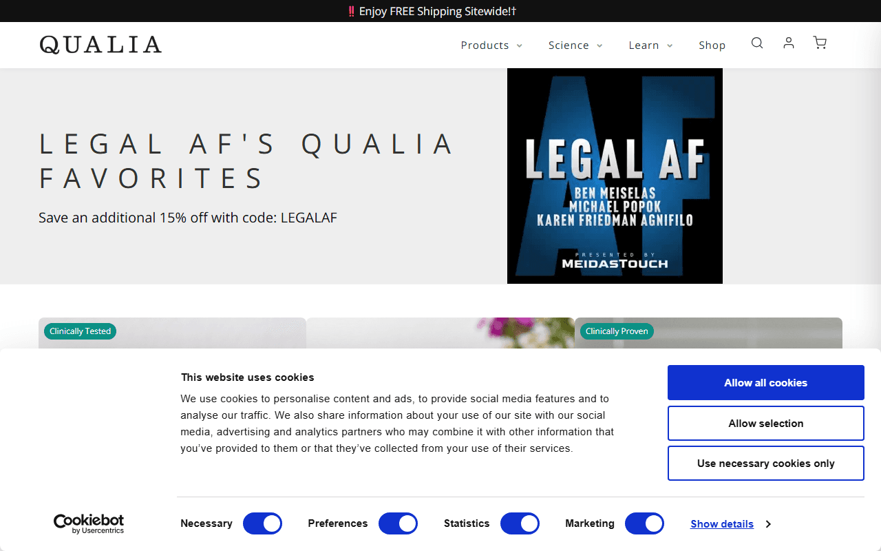 Qualia sponsor landing page advertised on Legal AF by MeidasTouch