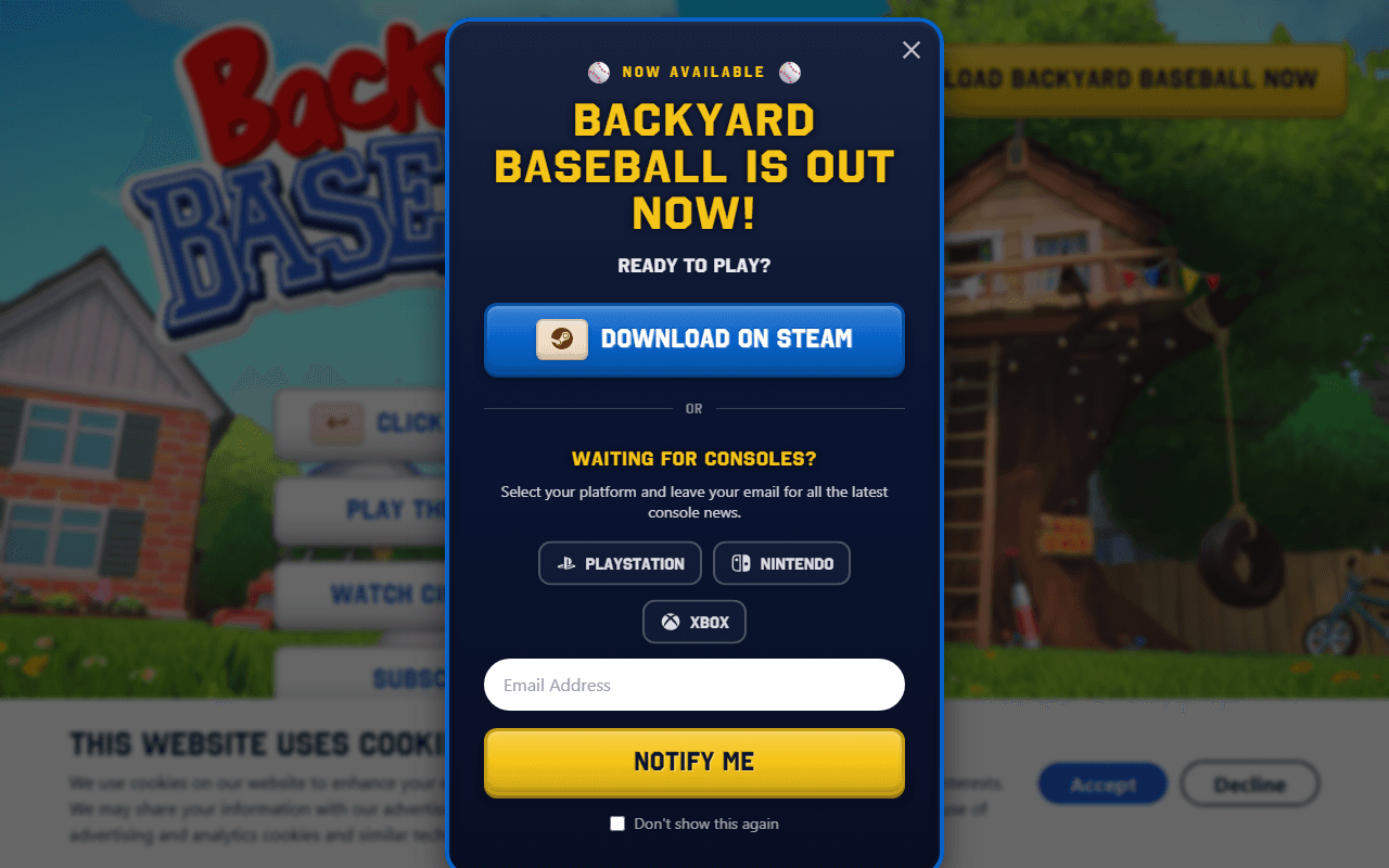 Backyard Baseball sponsor landing page advertised on The Yak