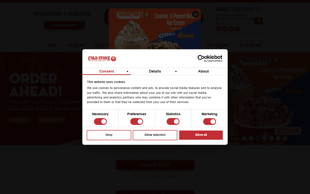 Cold Stone Creamery sponsor landing page advertised on The Yak