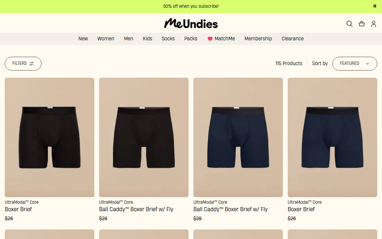 MeUndies sponsor landing page advertised on Monday Morning Podcast