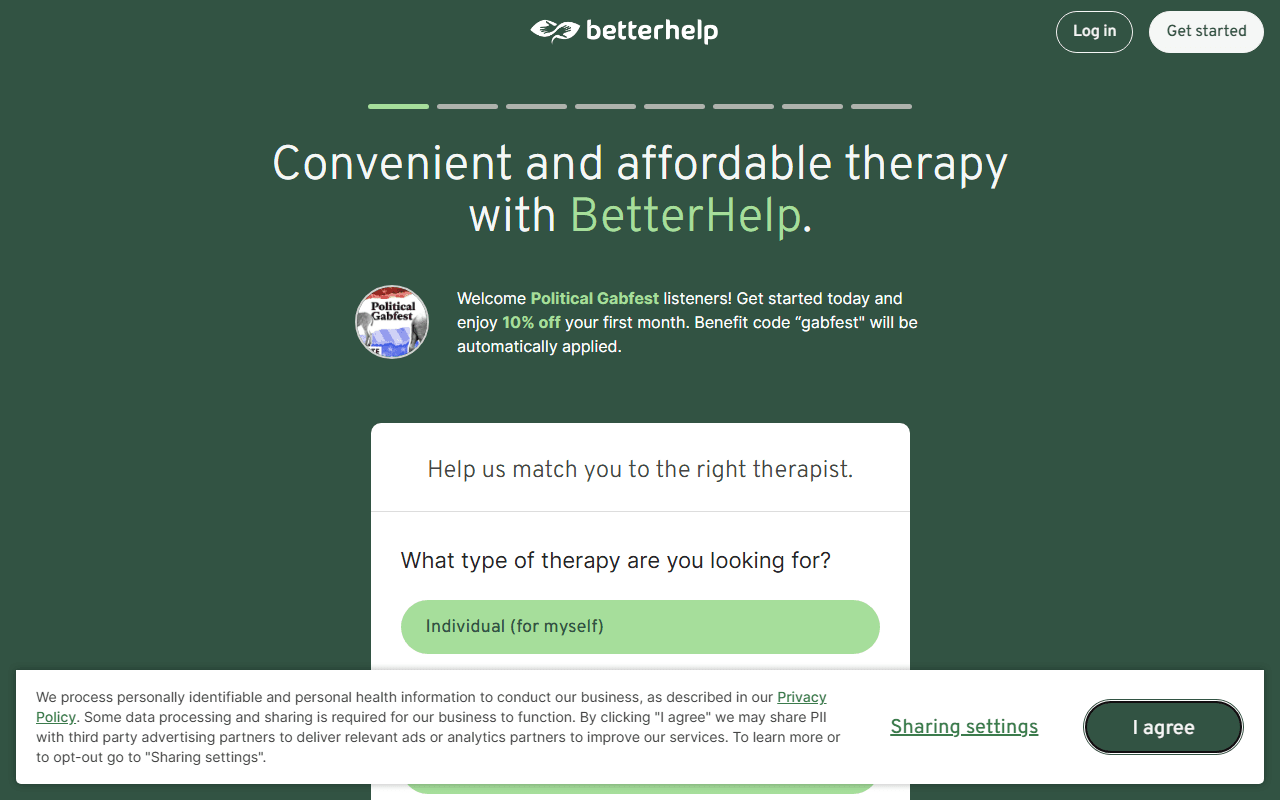 BetterHelp sponsor landing page advertised on Political Gabfest