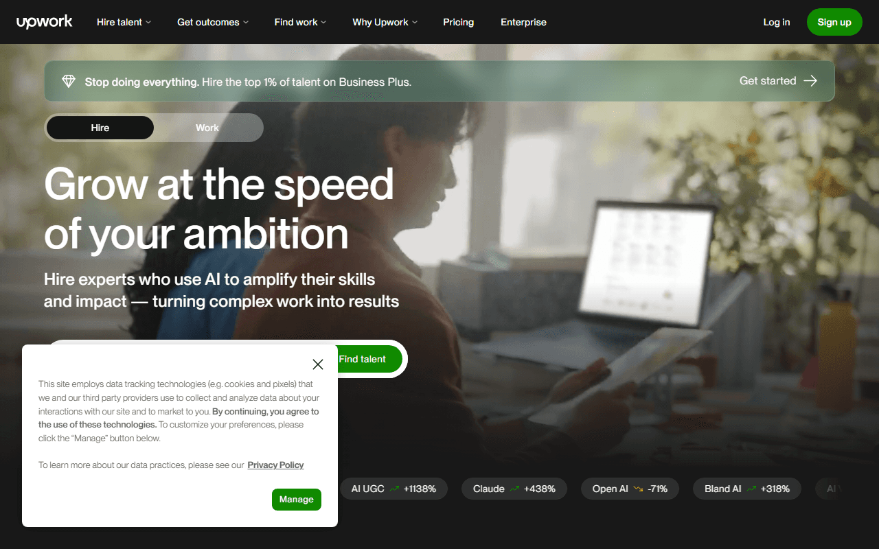 Upwork sponsor landing page advertised on Political Gabfest