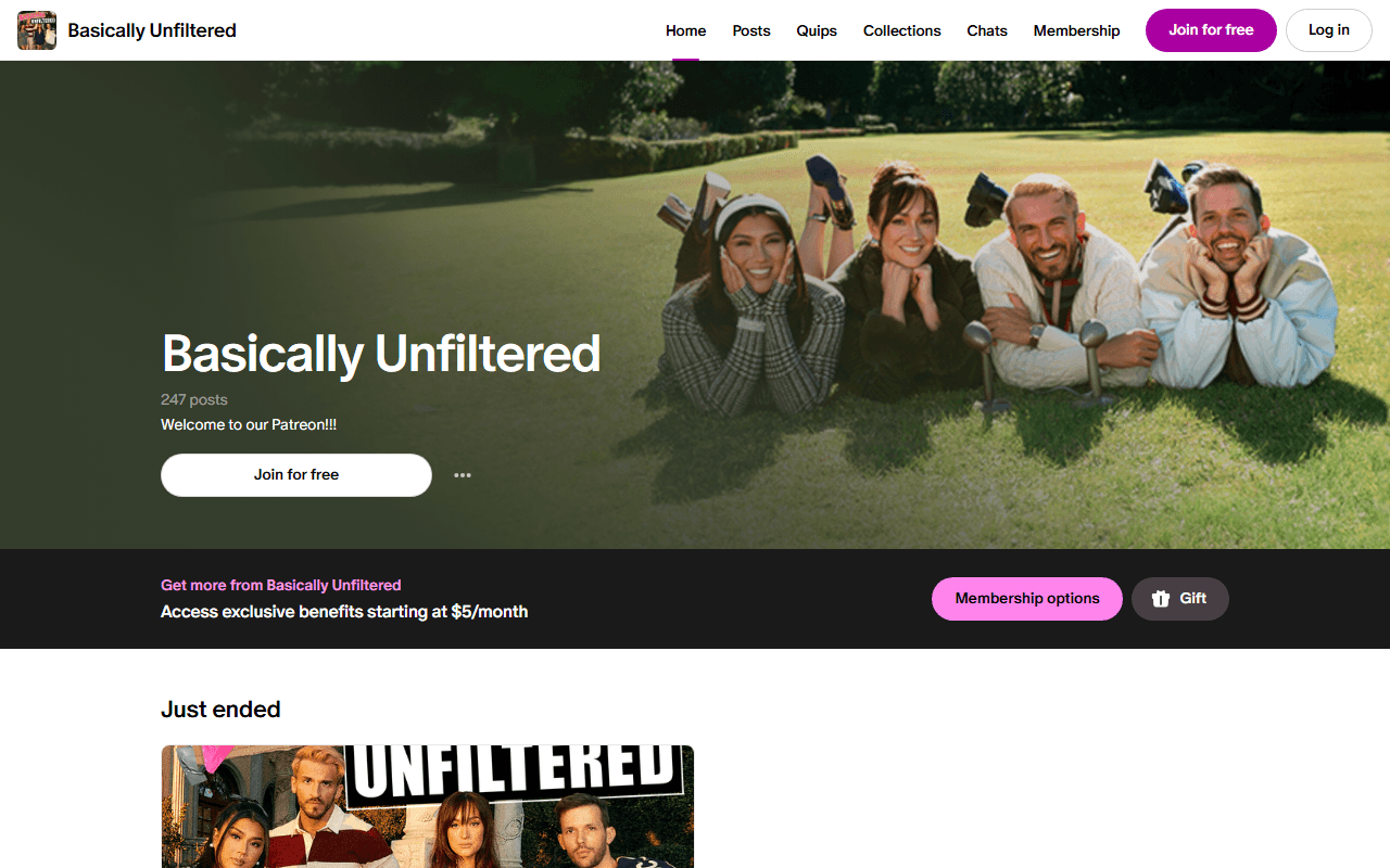 Basically Unfiltered Patreon sponsor landing page advertised on Basically Unfiltered with Remi, Alisha, Zane and Heath