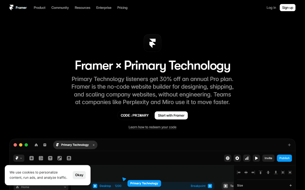 Framer sponsor landing page advertised on Primary Technology