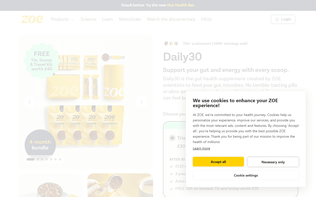 Zoe sponsor landing page advertised on ZOE Science & Nutrition
