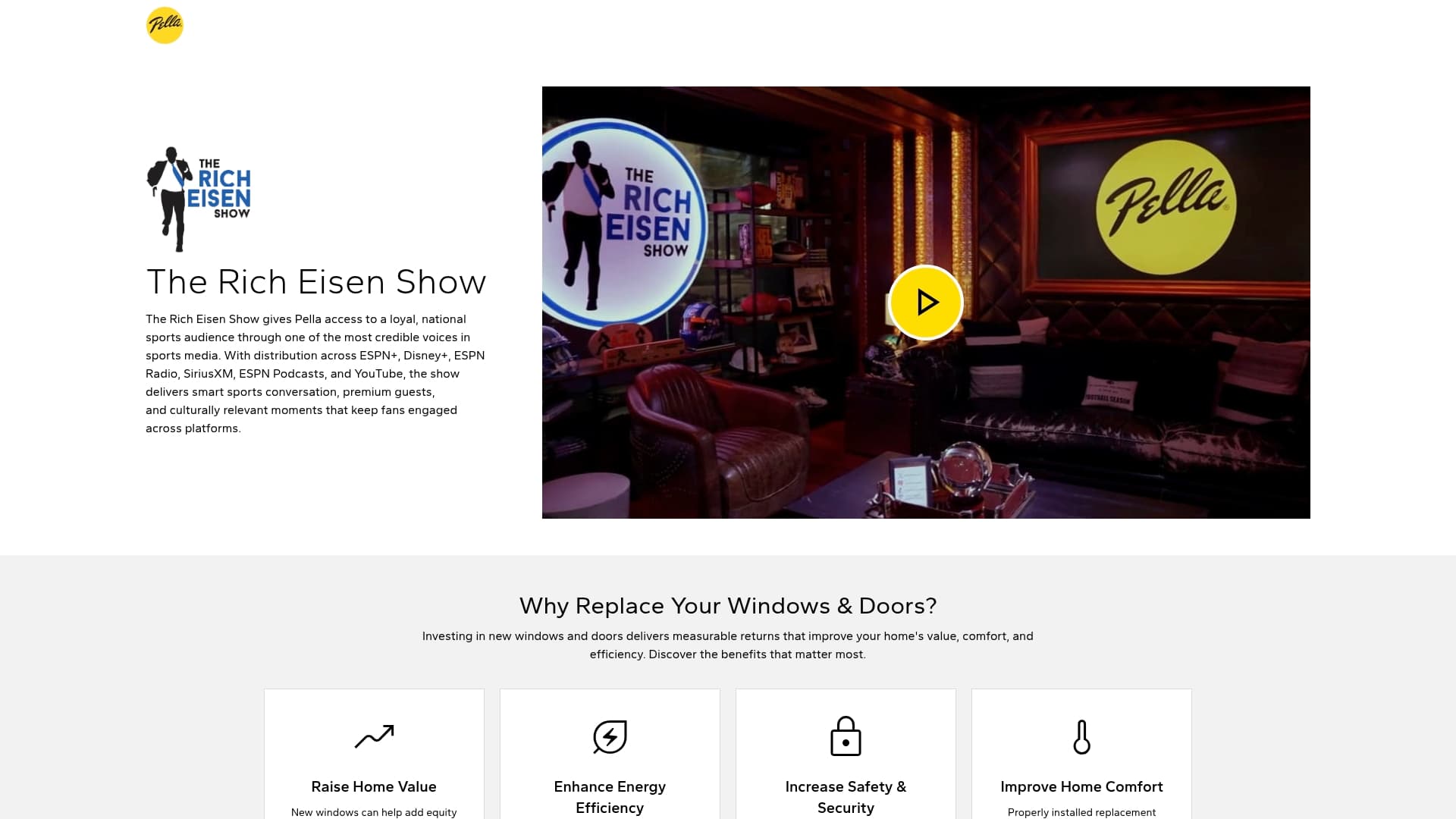 Pella Windows and Doors sponsor landing page advertised on The Rich Eisen Show