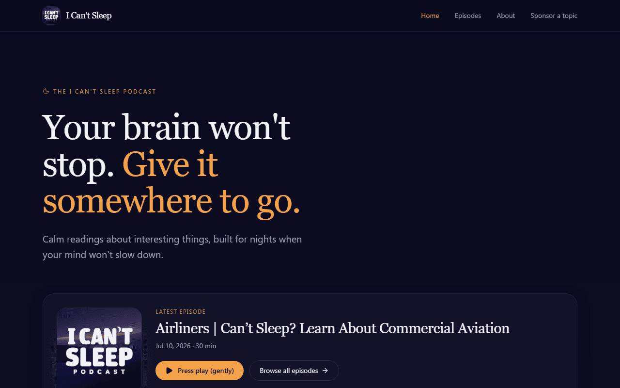 I Can't Sleep Podcast sponsor landing page advertised on I Can’t Sleep
