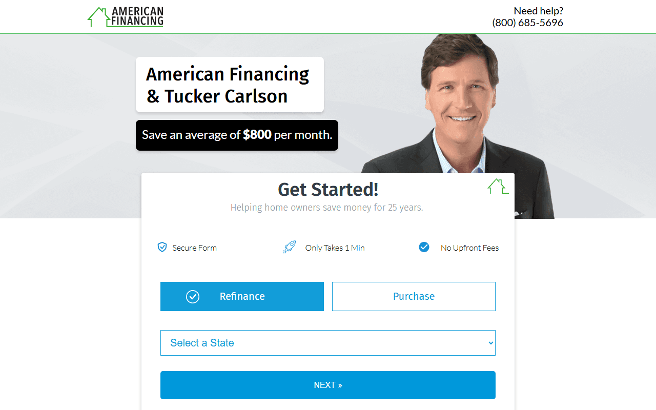 American Financing sponsor landing page advertised on The Tucker Carlson Podcast