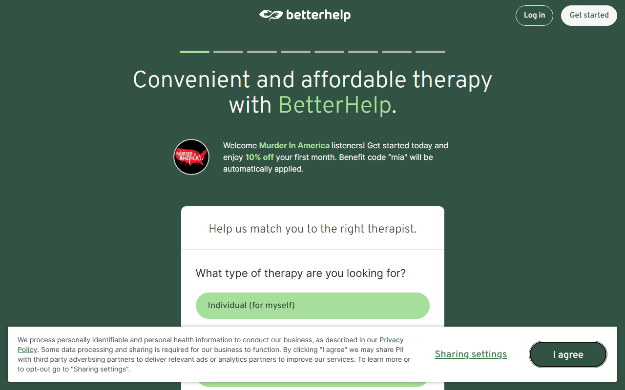 BetterHelp sponsor landing page advertised on Murder In America