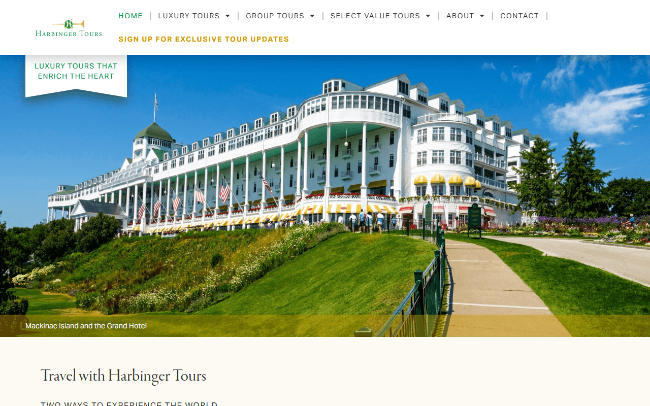 Harbinger Tours sponsor landing page advertised on The World and Everything In It
