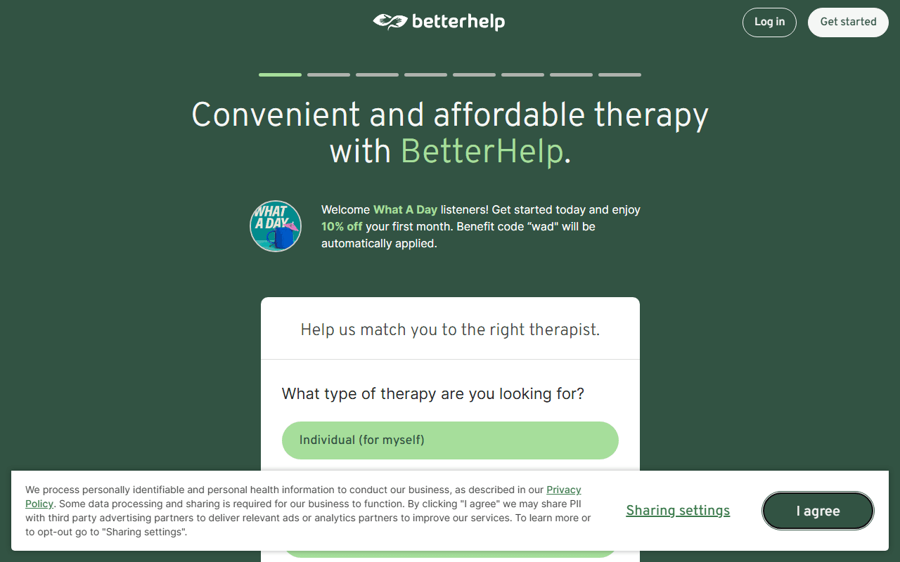 BetterHelp sponsor landing page advertised on What A Day