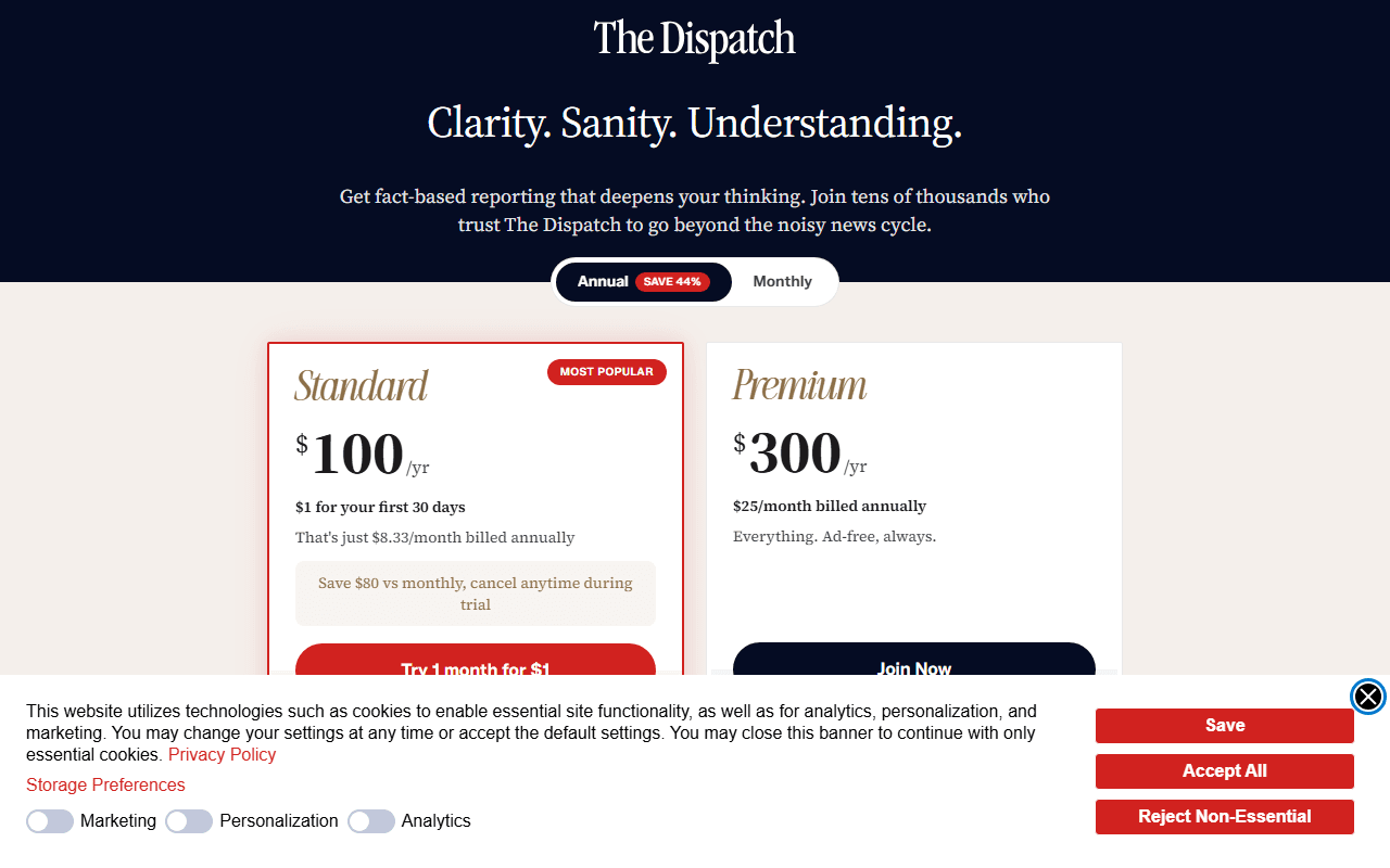 The Dispatch sponsor landing page advertised on The Dispatch Podcast