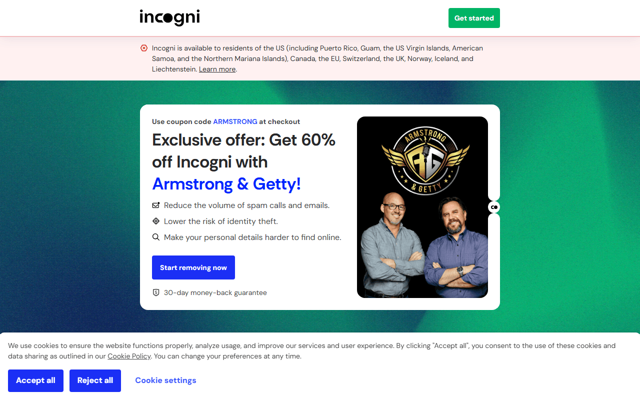 Incogni sponsor landing page advertised on Armstrong & Getty On Demand