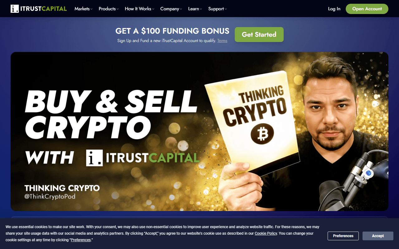 iTrust Capital sponsor landing page advertised on Thinking Crypto News & Interviews