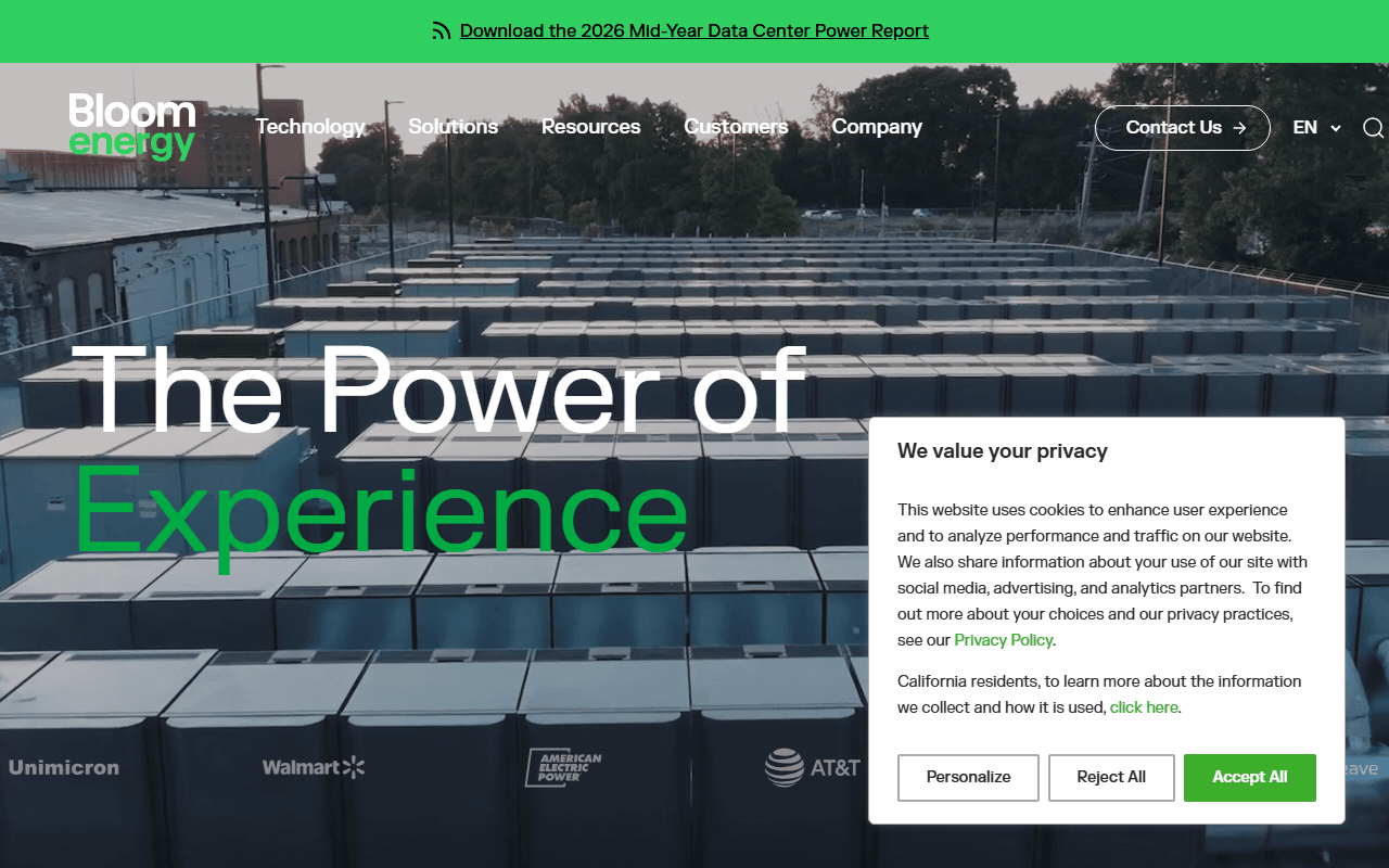 Bloom Energy sponsor landing page advertised on Catalyst with Shayle Kann