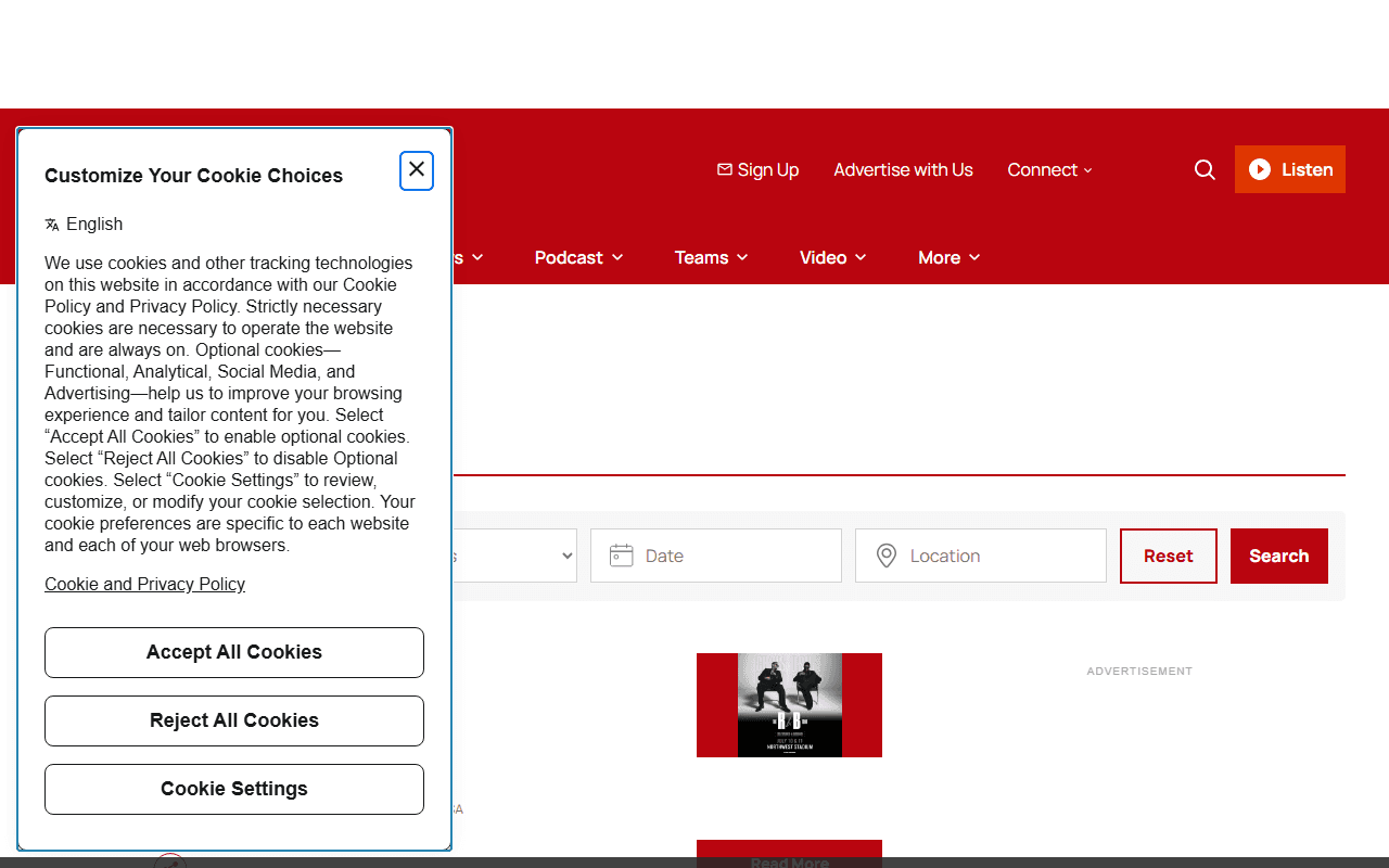 Live Nation sponsor landing page advertised on The Sports Junkies