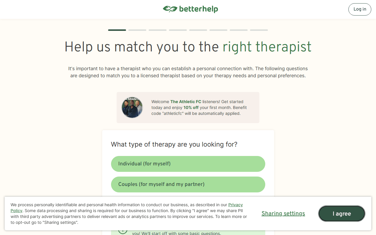 BetterHelp sponsor landing page advertised on The Athletic FC Podcast