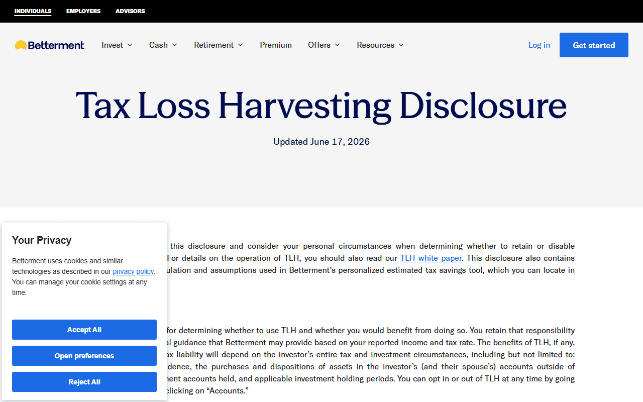 Betterment sponsor landing page advertised on The Daily