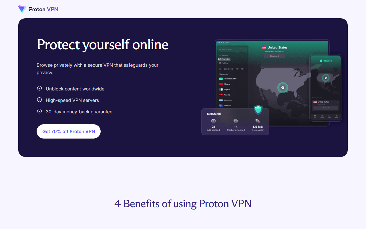 ProtonVPN sponsor landing page advertised on Founder's Story