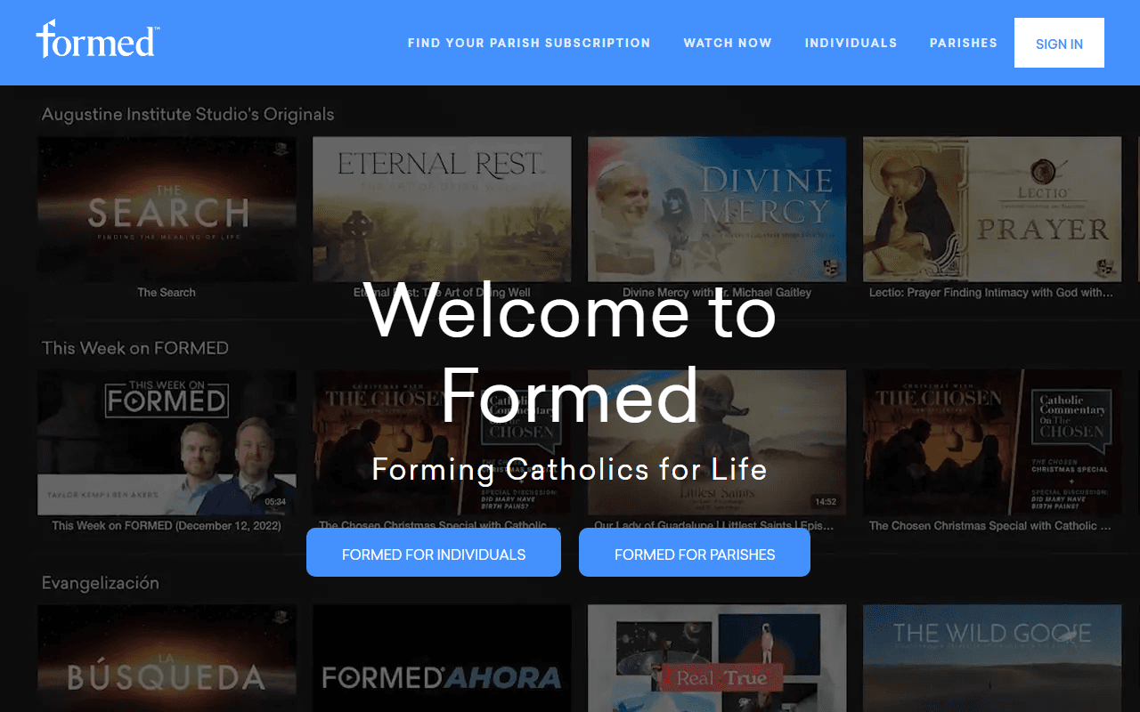 Formed sponsor landing page advertised on Catholic Saints