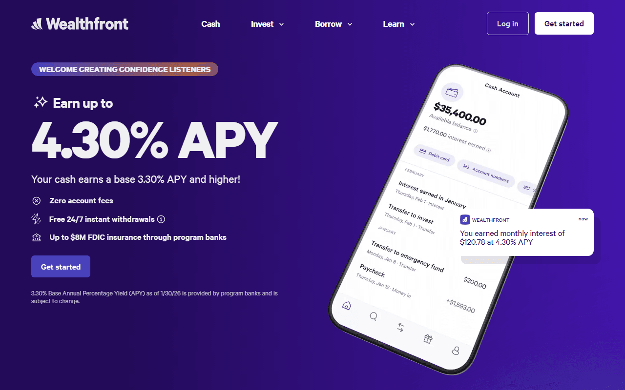 Wealthfront sponsor landing page advertised on Creating Confidence with Heather Monahan