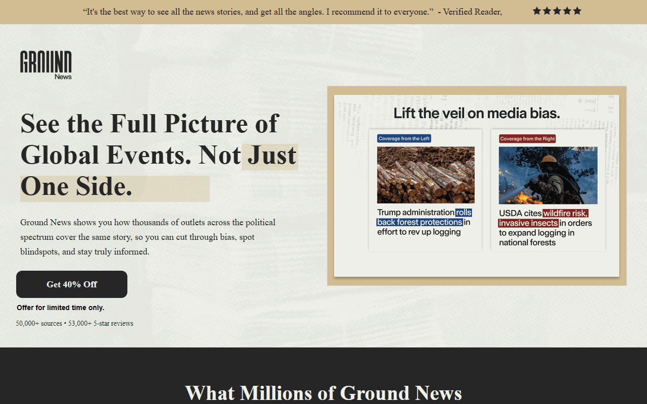 Ground News sponsor landing page advertised on The MeidasTouch Podcast