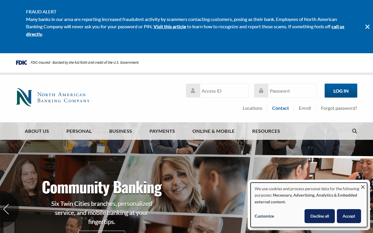 North American Banking Company sponsor landing page advertised on Garage Logic