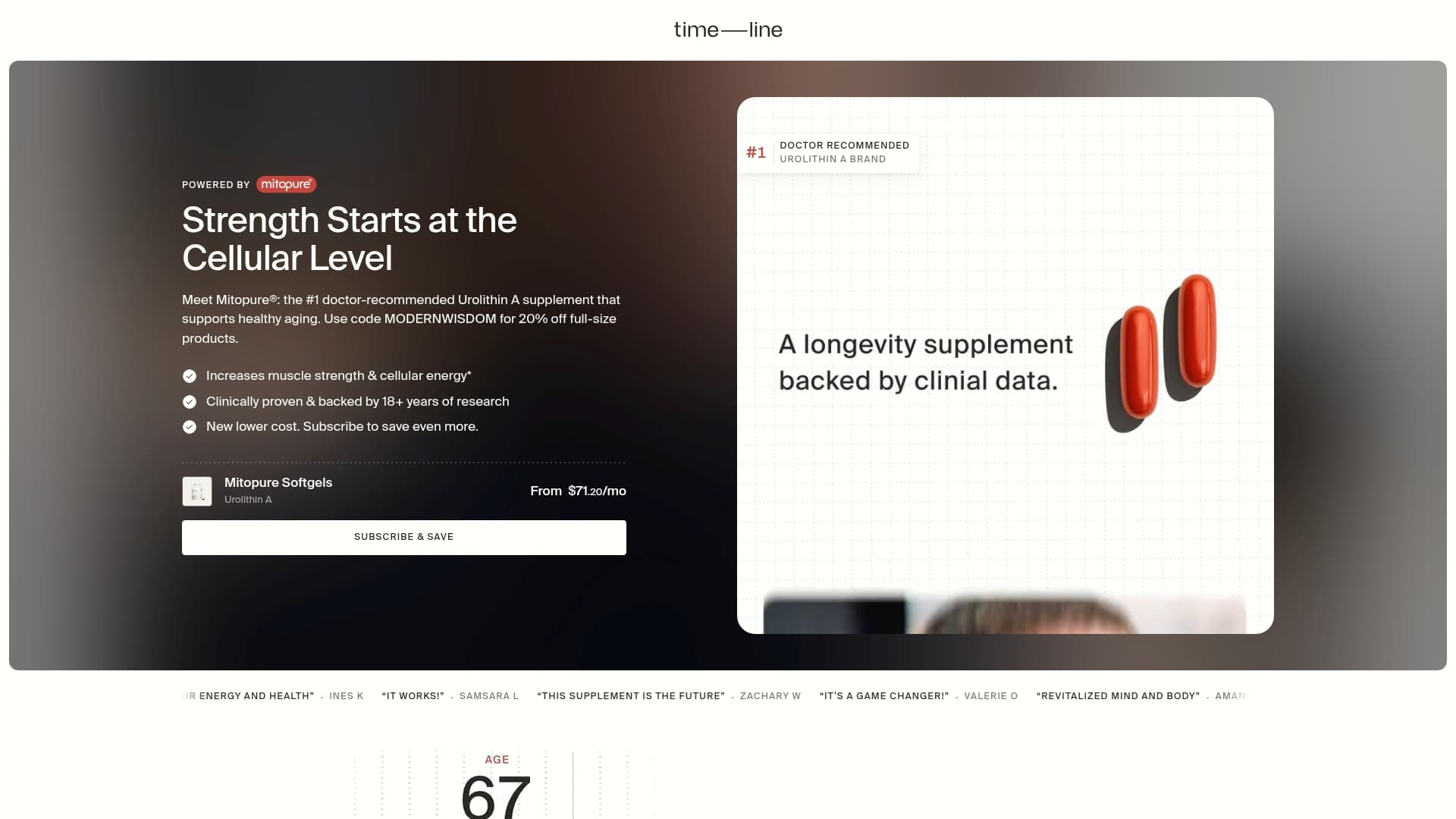 Timeline sponsor landing page advertised on Modern Wisdom