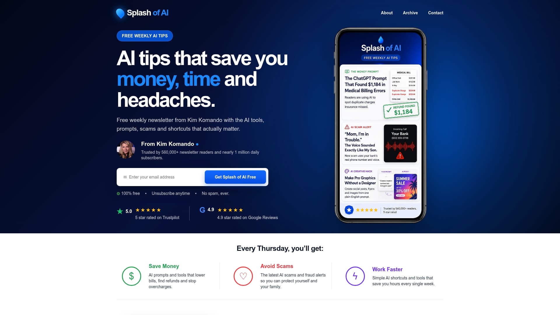 Splash of AI newsletter sponsor landing page advertised on The Kim Komando Show