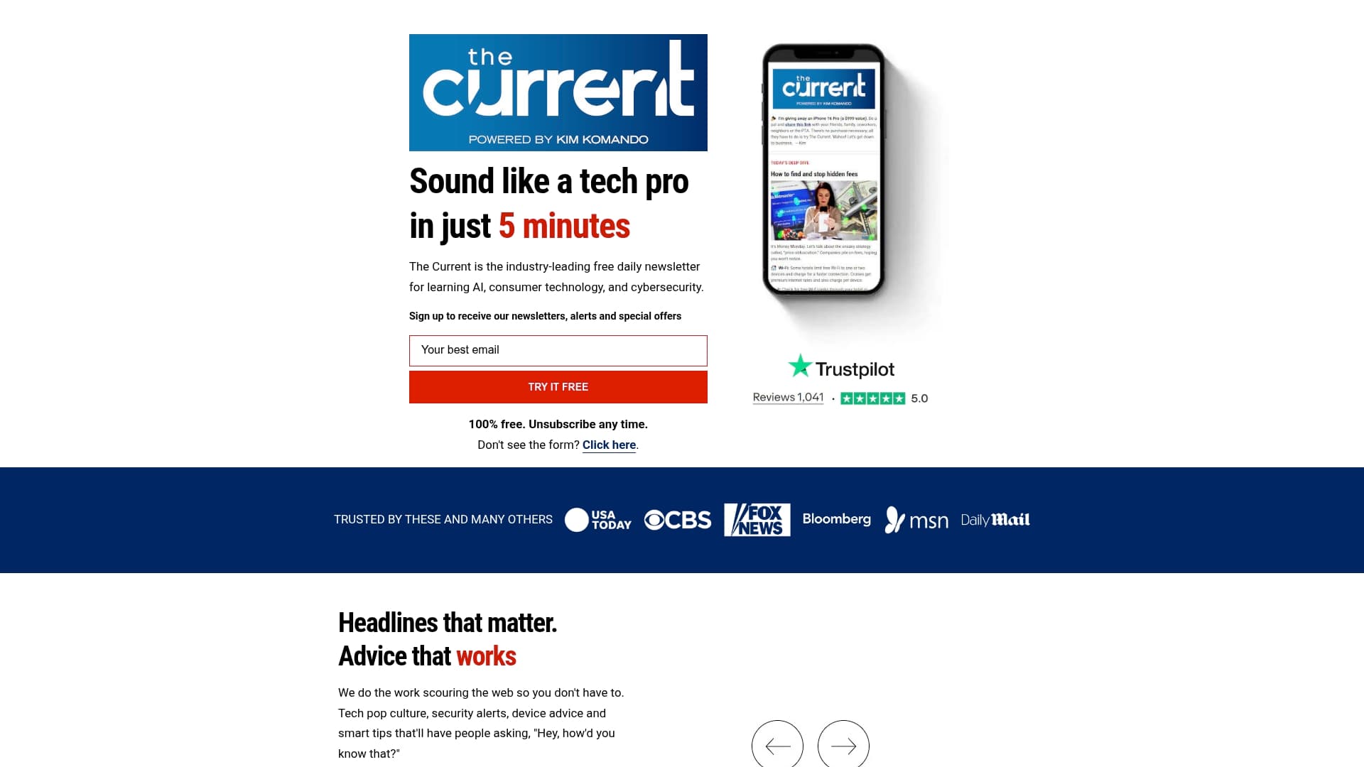 The Current newsletter sponsor landing page advertised on The Kim Komando Show