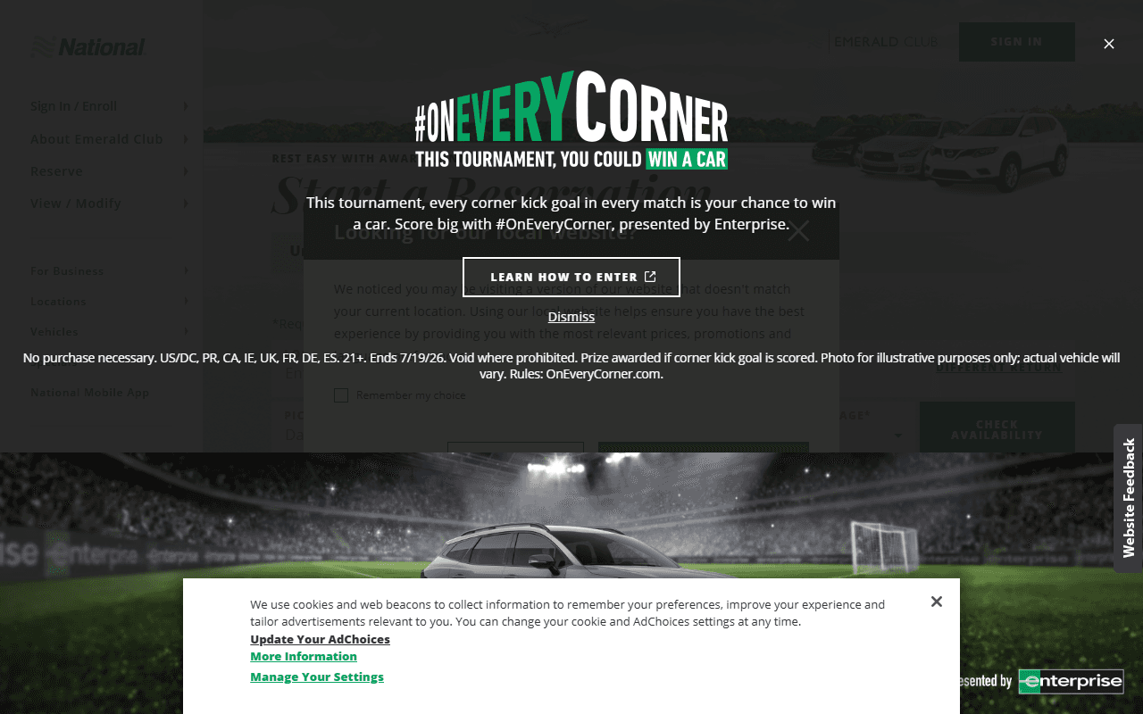 National Car Rental sponsor landing page advertised on Baseball Today