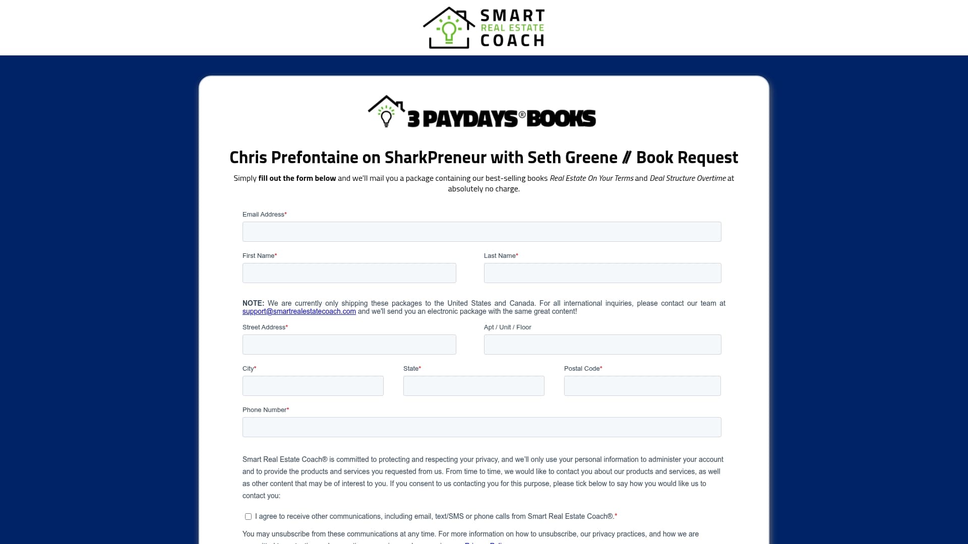 Smart Real Estate Coach sponsor landing page advertised on SharkPreneur, screenshot 1 of 2