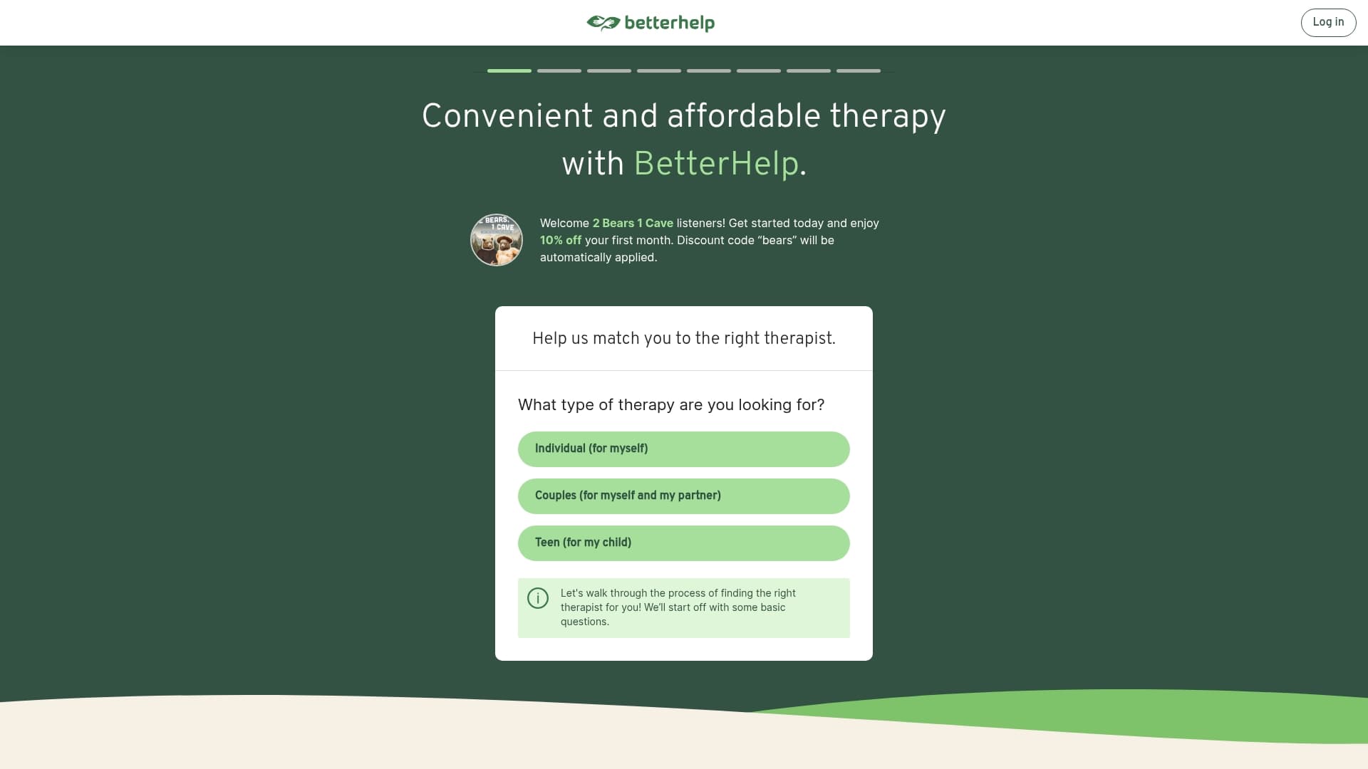 BetterHelp sponsor landing page advertised on 2 Bears, 1 Cave with Tom Segura & Bert Kreischer