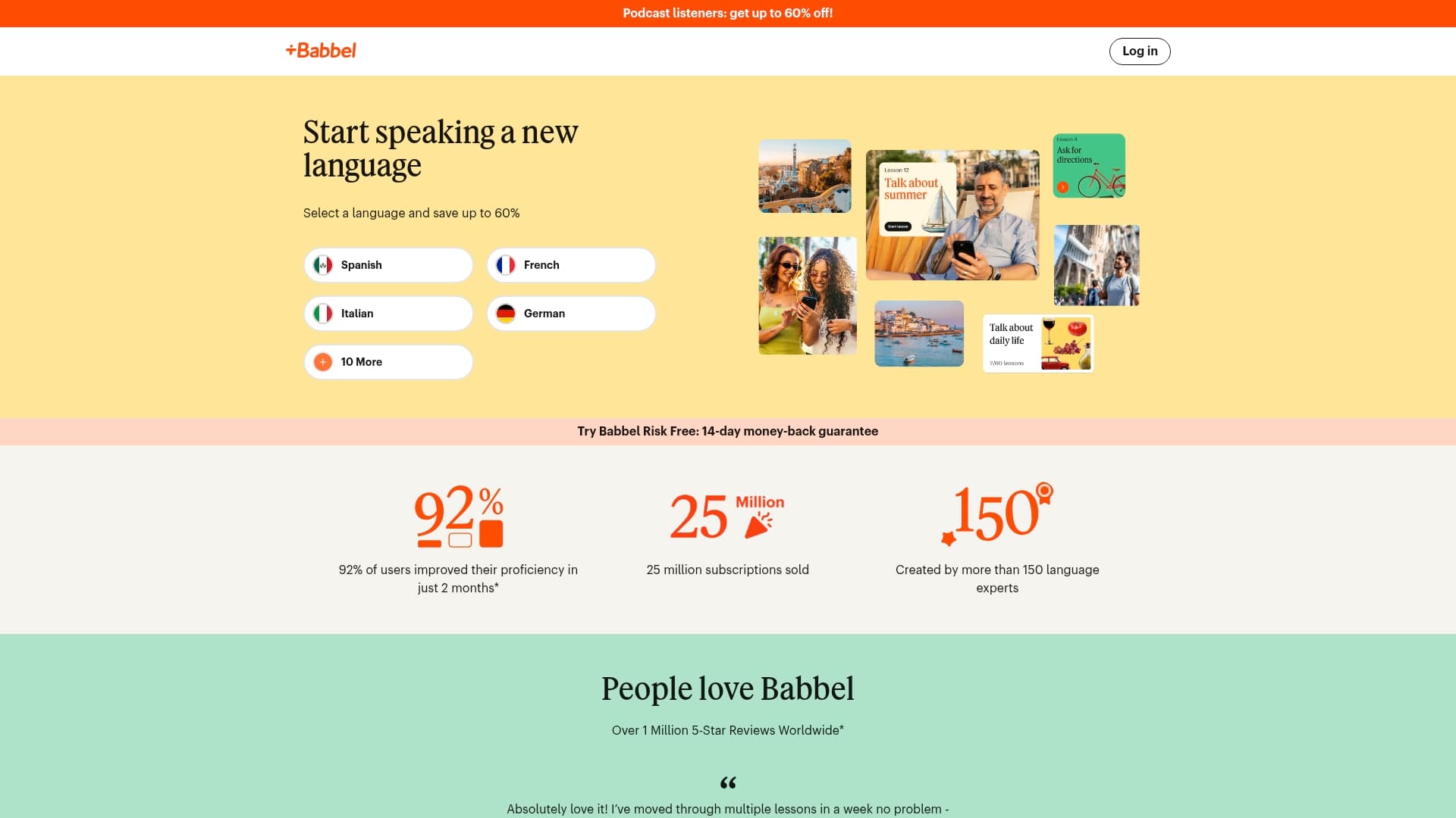 Babbel sponsor landing page advertised on 2 Bears, 1 Cave with Tom Segura & Bert Kreischer