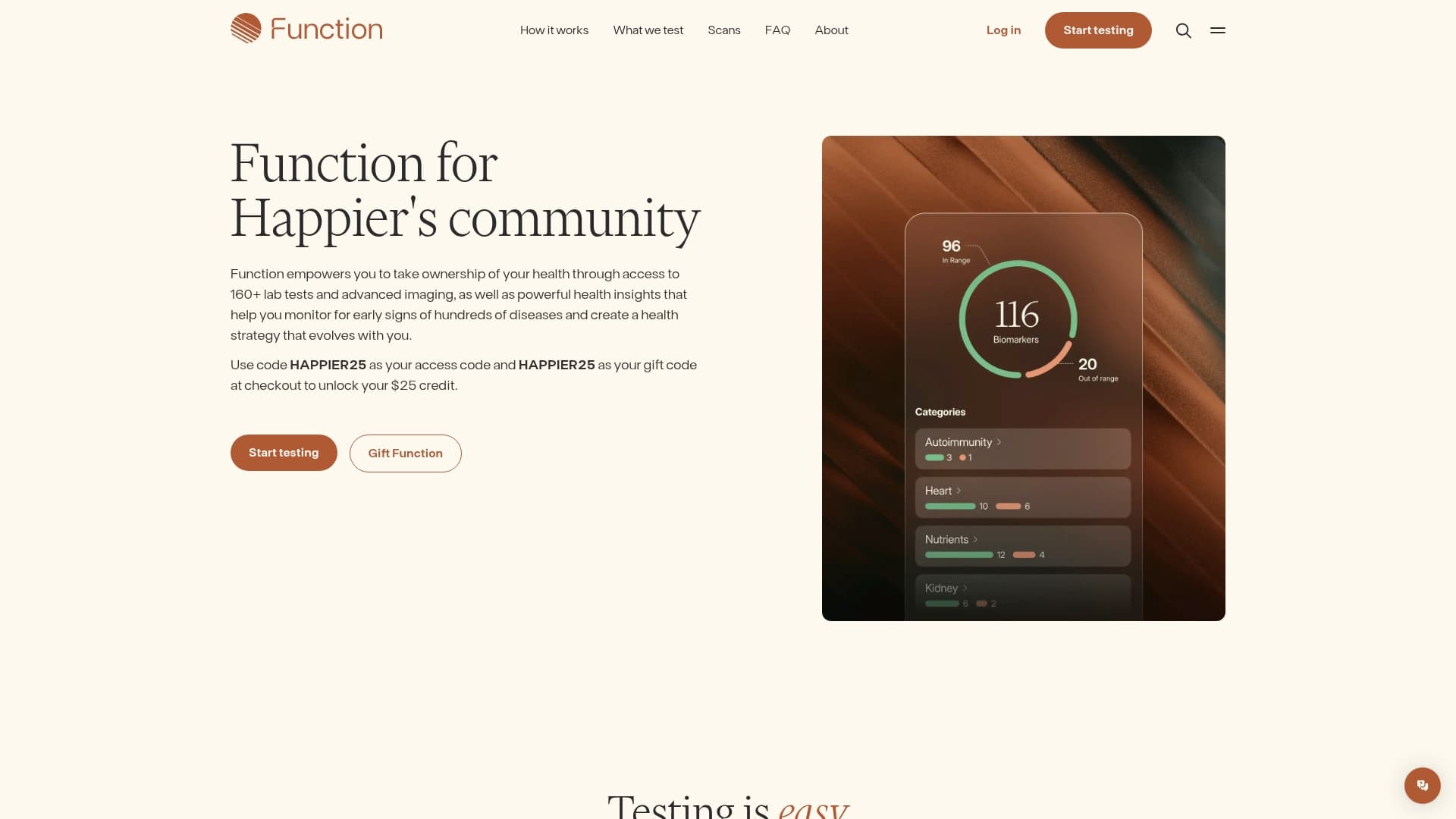 Function Health sponsor landing page advertised on Ten Percent Happier with Dan Harris