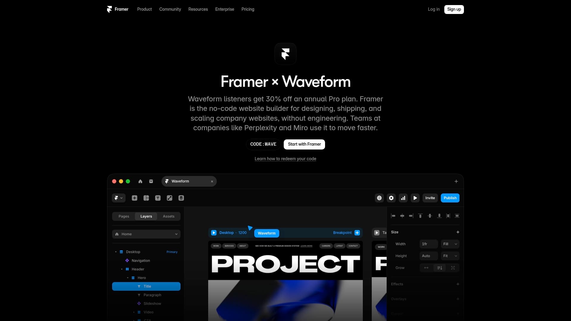 Framer sponsor landing page advertised on Waveform: The MKBHD Podcast