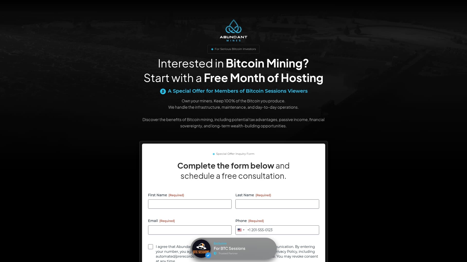 Abundant Mines sponsor landing page advertised on BTC Sessions