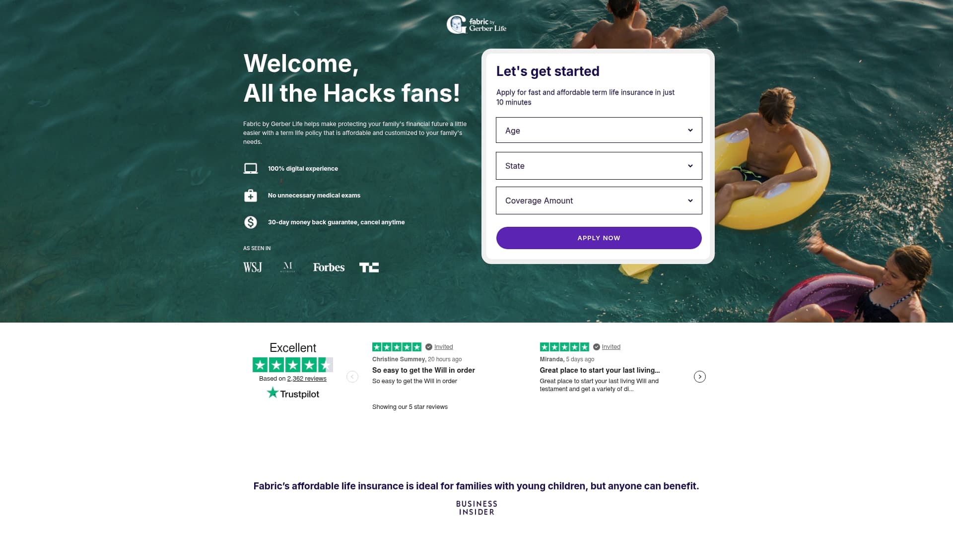 Fabric by Gerber Life sponsor landing page advertised on All the Hacks with Chris Hutchins